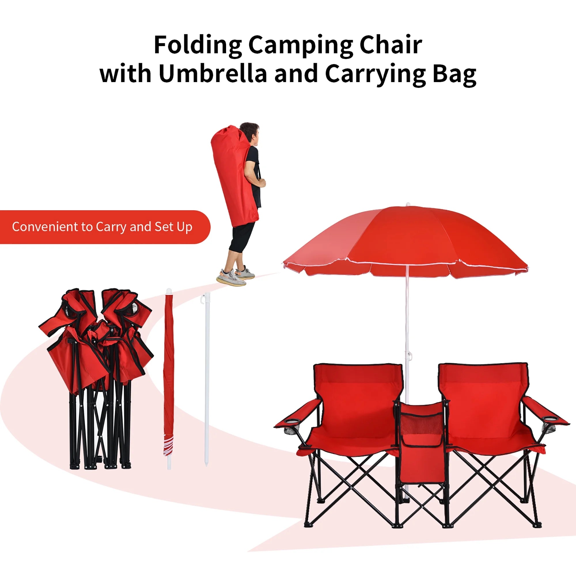Portable Folding Picnic Double Chair W/Umbrella Table Cooler Beach Camping Red