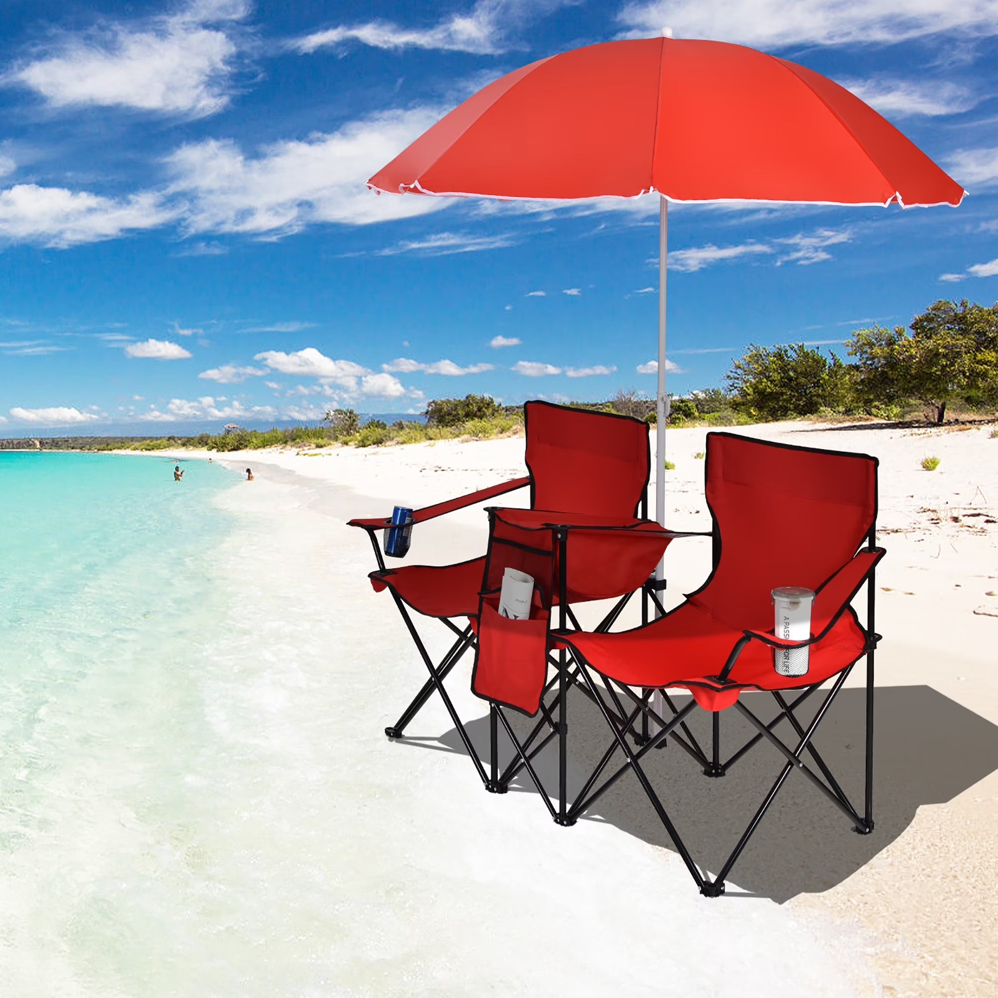 Portable Folding Picnic Double Chair W/Umbrella Table Cooler Beach Camping Red