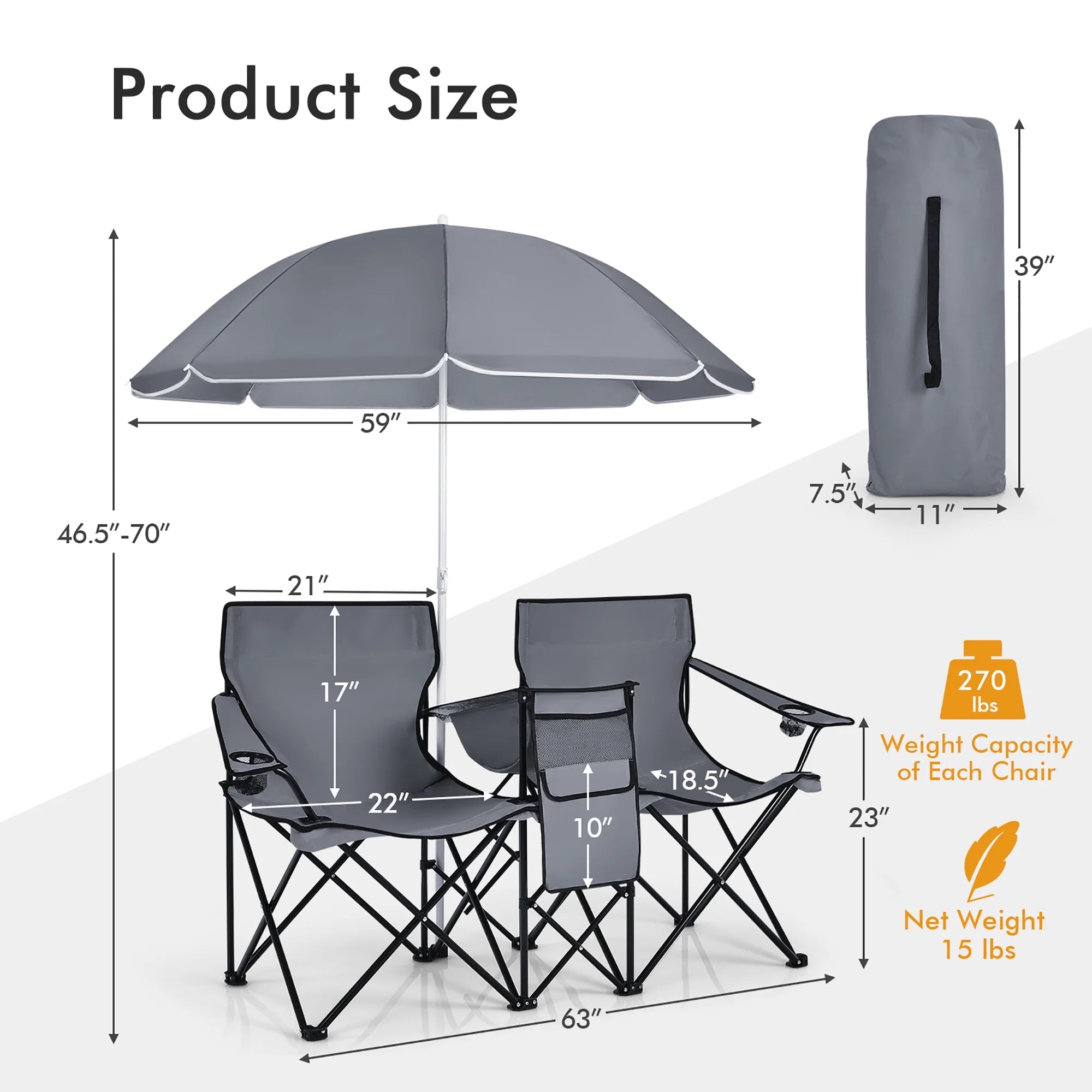 Portable Folding Picnic Double Chair W/Umbrella Table Cooler Beach Camping Gray