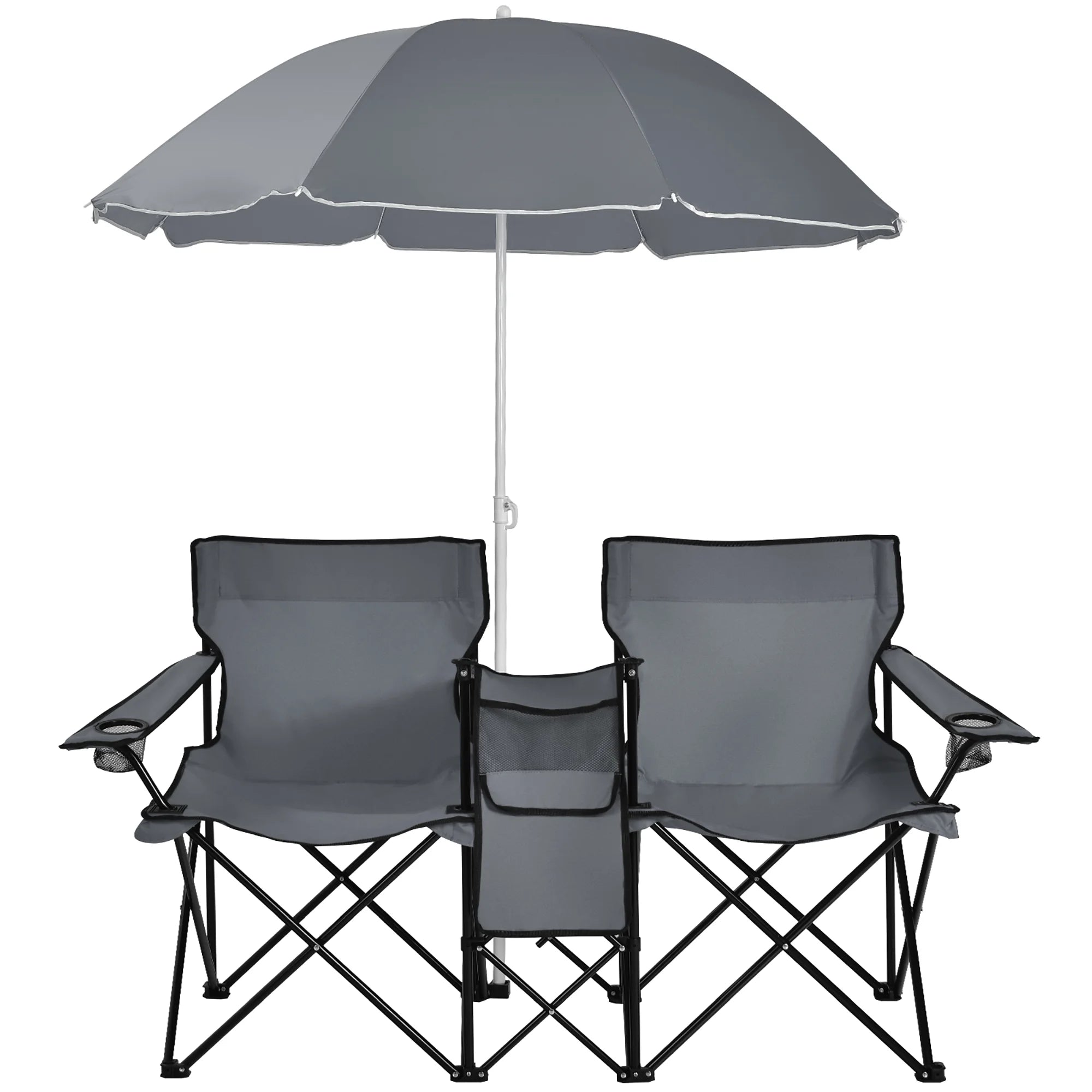 Portable Folding Picnic Double Chair W/Umbrella Table Cooler Beach Camping Gray