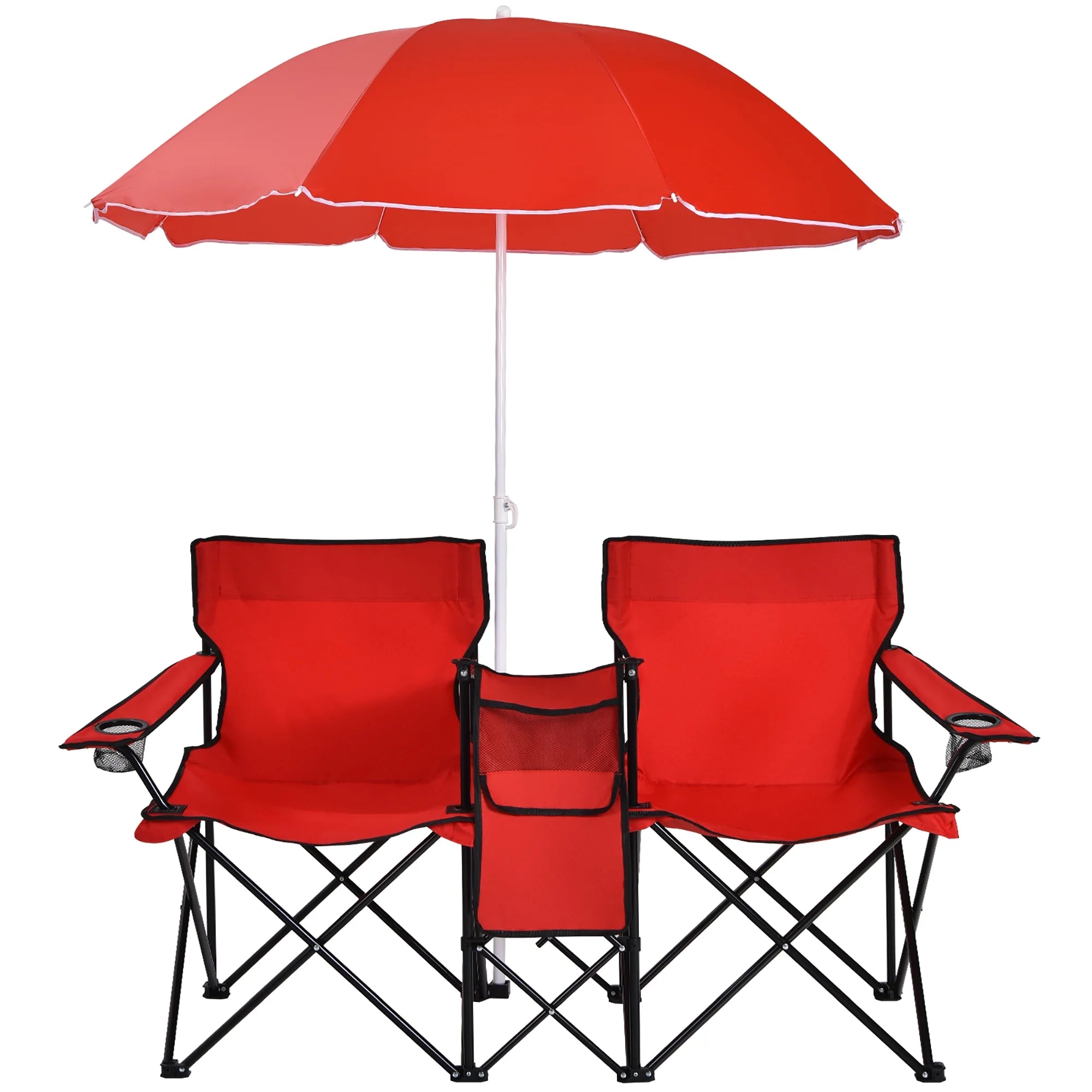Portable Folding Picnic Double Chair W/Umbrella Table Cooler Beach Camping Red