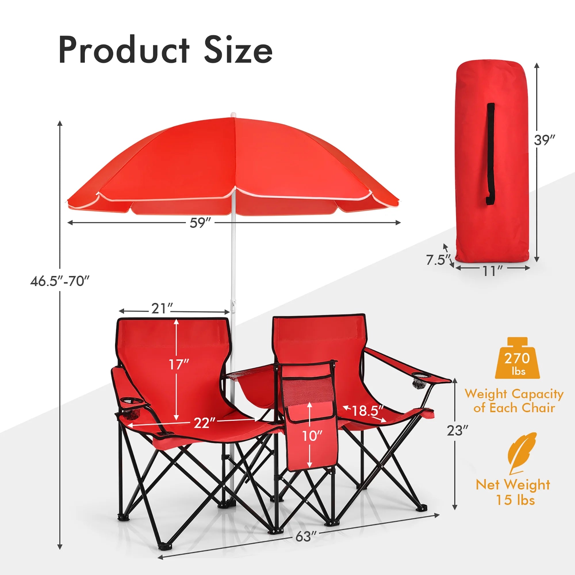 Portable Folding Picnic Double Chair W/Umbrella Table Cooler Beach Camping Red