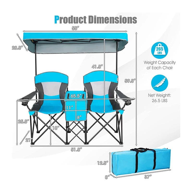 2-Person Foldable Fishing Lawn Beach Chair with Canopy Modern Style Outdoor Double Camping Moon for Indoor Use