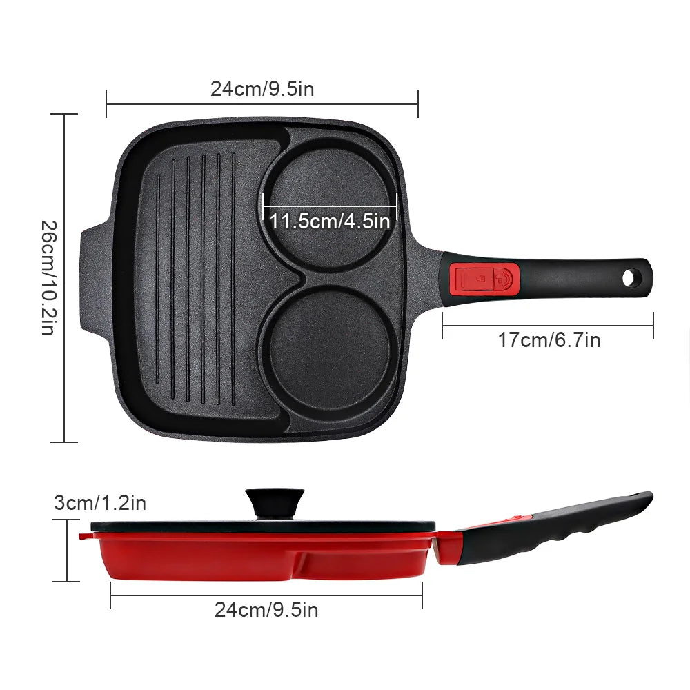 Wholesale Square Non-Stick Egg Steak Skillet Omelette Pan 3 in 1 Multi Sections Divided Grill Pan with Removable Handle