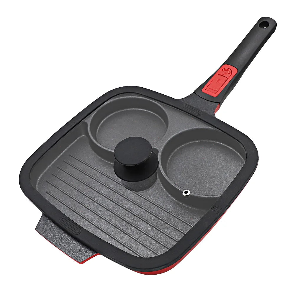Wholesale Square Non-Stick Egg Steak Skillet Omelette Pan 3 in 1 Multi Sections Divided Grill Pan with Removable Handle