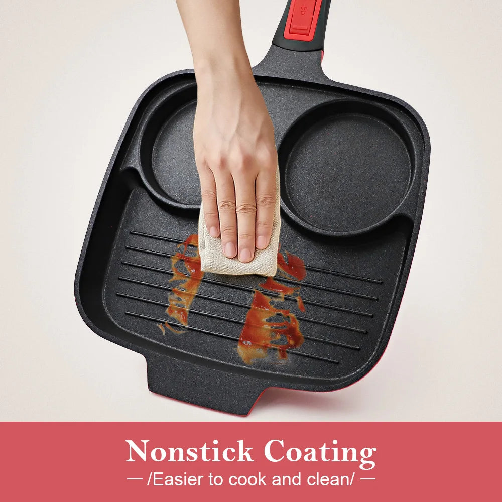 Wholesale Square Non-Stick Egg Steak Skillet Omelette Pan 3 in 1 Multi Sections Divided Grill Pan with Removable Handle