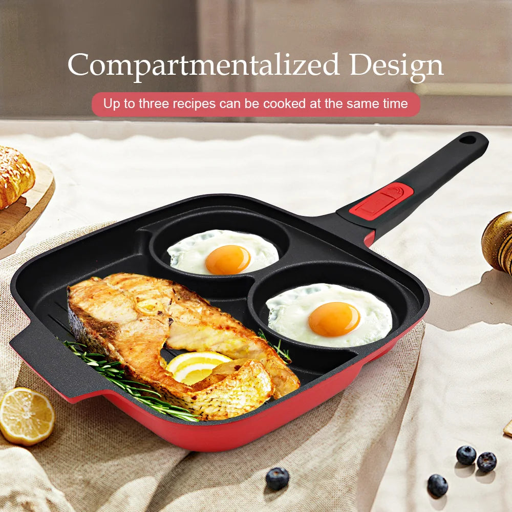 Wholesale Square Non-Stick Egg Steak Skillet Omelette Pan 3 in 1 Multi Sections Divided Grill Pan with Removable Handle