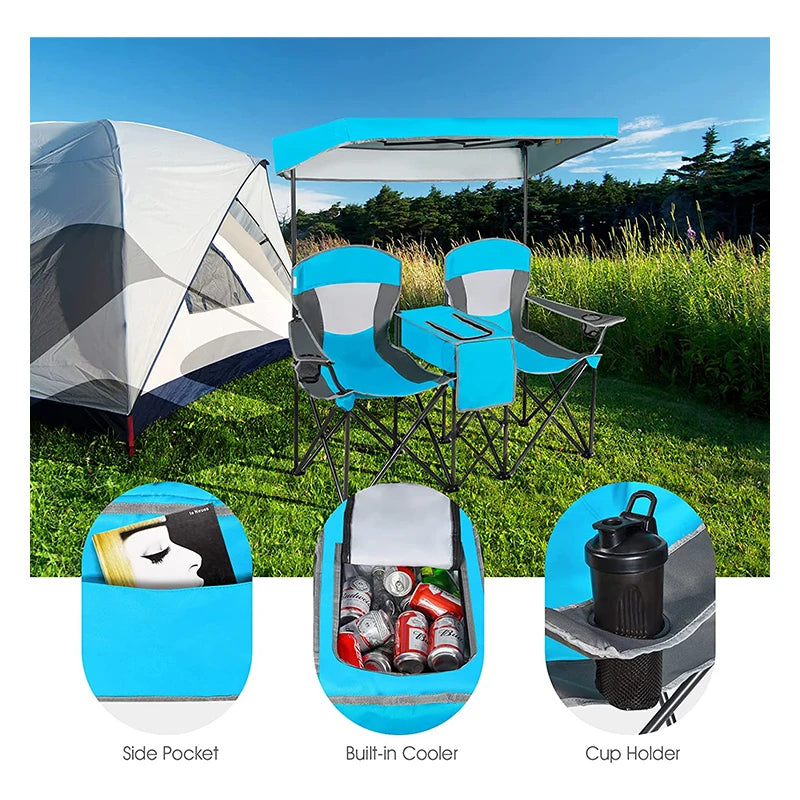2-Person Foldable Fishing Lawn Beach Chair with Canopy Modern Style Outdoor Double Camping Moon for Indoor Use