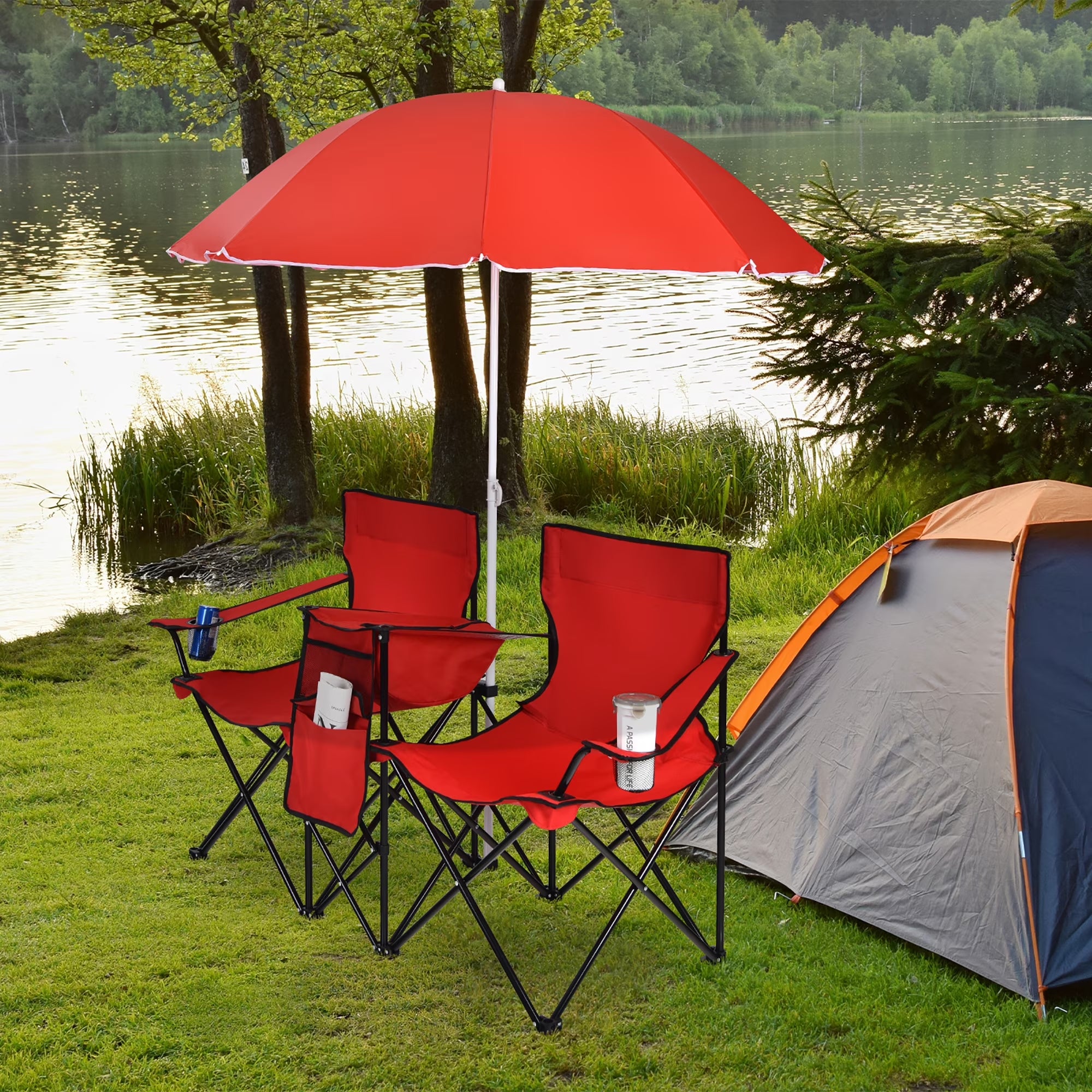 Portable Folding Picnic Double Chair W/Umbrella Table Cooler Beach Camping Red