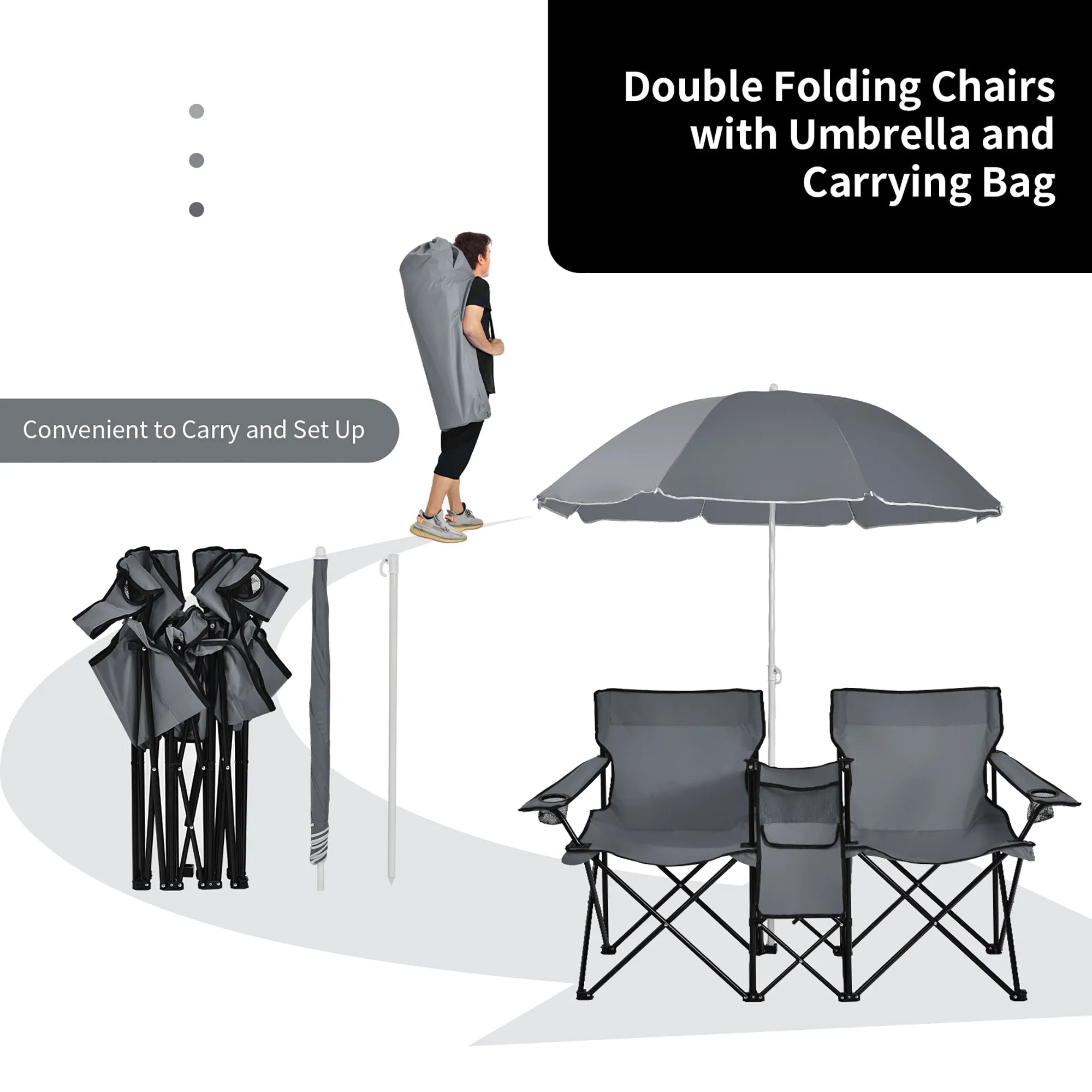 Portable Folding Picnic Double Chair W/Umbrella Table Cooler Beach Camping Gray
